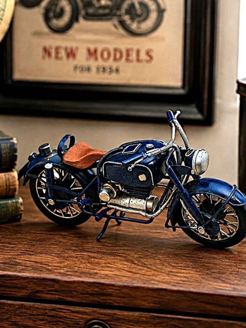 Handcrafted Vintage-Style Decorative Blue Metal 10″ Motorcycle Decor EUC